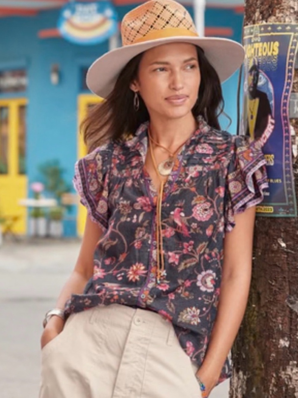 Sundance Marcleine Floral Top Lightweight Ruffle Sleeve Blouse Size XS